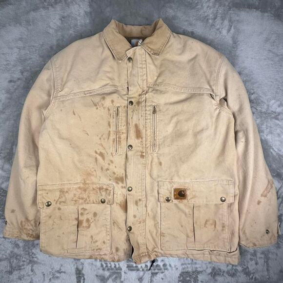 Vintage 80s Distressed Paint Splattered Carhartt Blanket Lined Beige ChoreCoat L - Picture 1 of 8